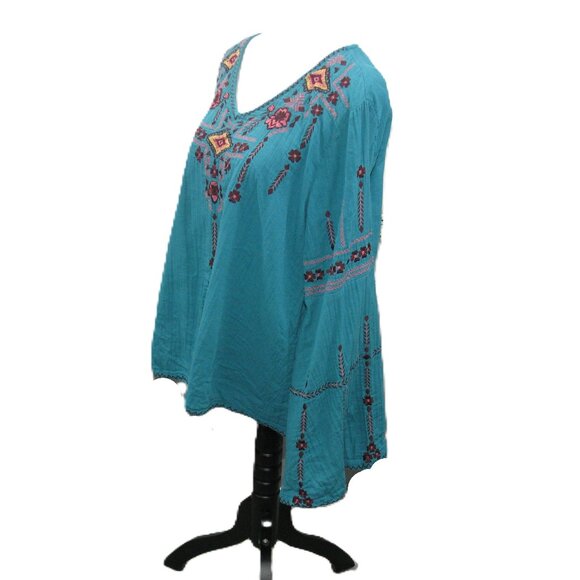 The Pyramid Collection Turquoise Embroidered Boho Bell Sleeve Blouse Size XL - Picture 5 of 8